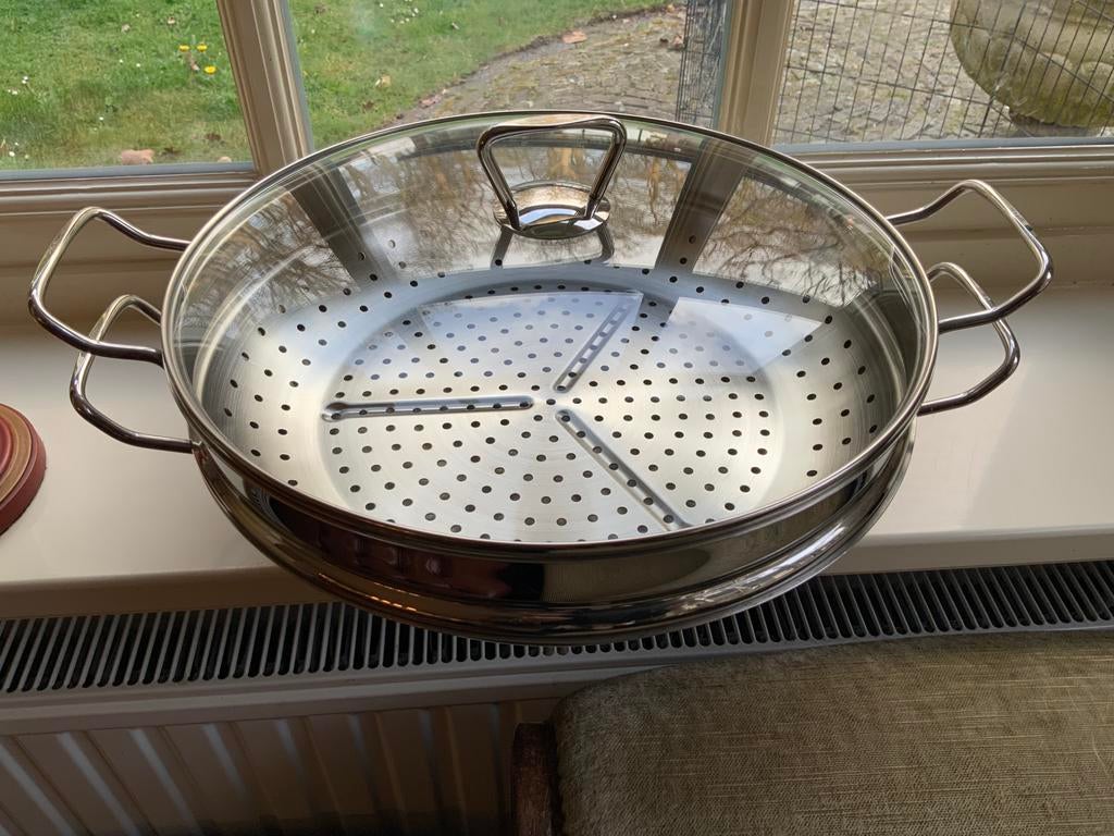 Fissler Nanjing RVS 36 cm wokpan stoominzet glazen deksel, Ophalen of Verzenden, Nieuw, Rvs, Overige typen