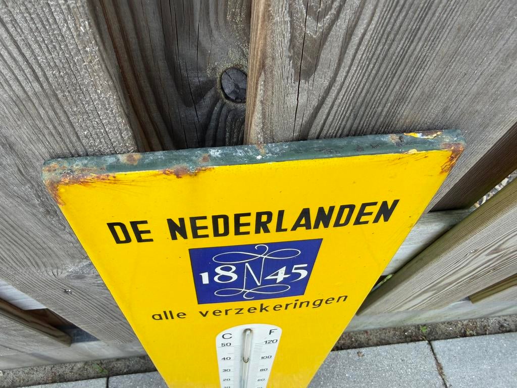 De Nederlanden Verzekeringen emaille thermometer, Verzamelen, Merken en Reclamevoorwerpen, Reclamebord, Gebruikt, I, Ophalen of Verzenden