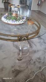 Glazen salontafel met gouden accenten en acryl poten, Huis en Inrichting, Tafels | Salontafels, Ophalen, 50 tot 100 cm, Vierkant