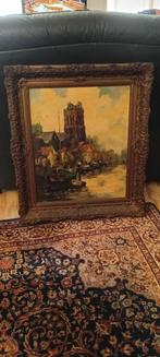 Oud schilderij met Hollands landschap en kerk, Ophalen