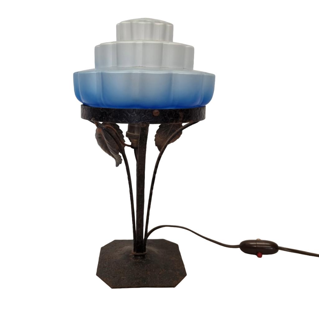 Franse Art Deco lamp met blauwe kap, Ophalen of Verzenden