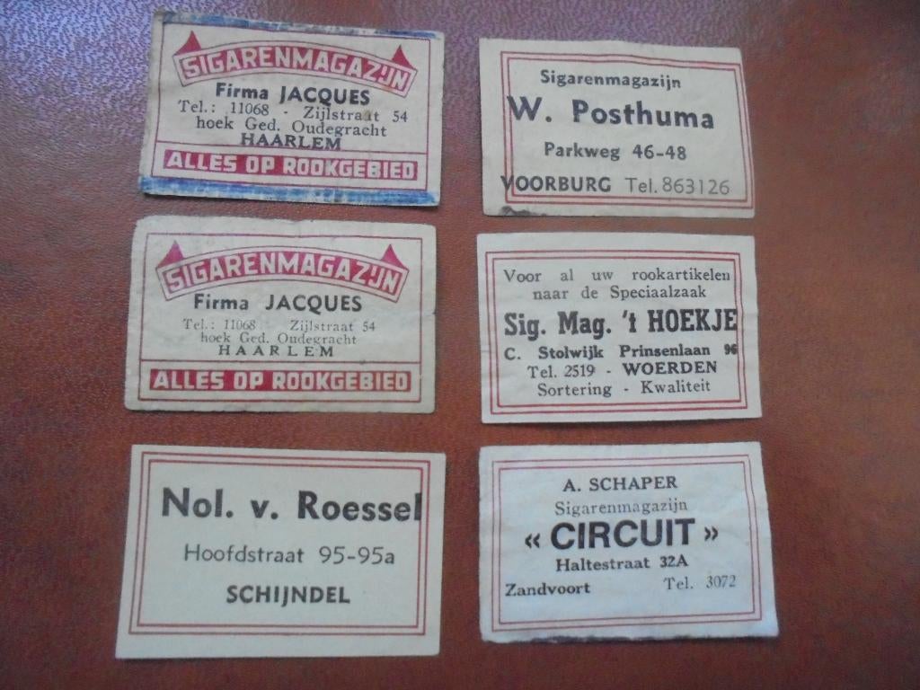 6 Oude lucifermerken met reclame / bedrijven uit Nederland, Verzamelen, Ophalen of Verzenden, Zo goed als nieuw, Luciferdoosjes of -merken