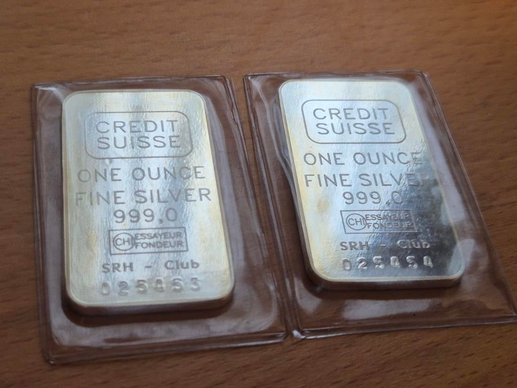 Credit Suisse: 2 x 1 oz Zilverbaar. Oplopend serienummer!, Postzegels en Munten, Edelmetalen en Baren, Ophalen of Verzenden, Zilver