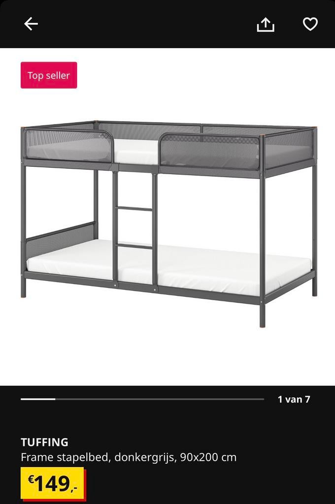 Stapelbed, IKEA Tuffing, 90 x 200cm, Huis en Inrichting, Ophalen, 90 cm, Tweepersoons, Zo goed als nieuw