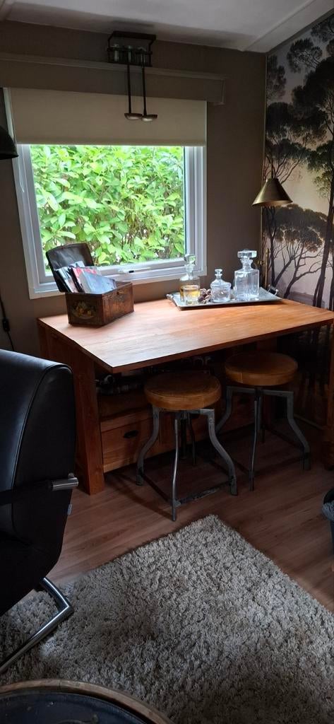 Massief teakhouten buro/tafel /eettafel/Klaptafel, Huis en Inrichting, Bureaus, Ophalen, Met lades, Zo goed als nieuw, Hout