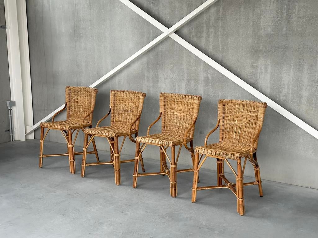Vintage rotan eetkamerstoelen | Set van 4, Ophalen of Verzenden, Zo goed als nieuw, Bruin