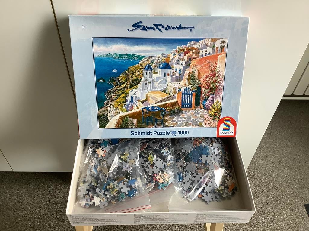Gratis Zomerse Puzzel Santorini Grieks eiland kunst Sam Park, Ophalen of Verzenden, 500 t/m 1500 stukjes, Zo goed als nieuw, Legpuzzel