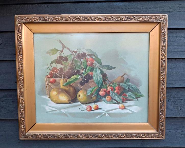 Grote Antieke Prent. Stilleven met fruit achter Museumglas, Antiek en Kunst, Kunst | Schilderijen | Klassiek, Ophalen of Verzenden