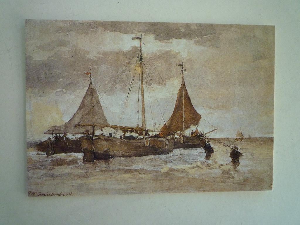 Kunstkaart bomschuiten op het strand Hendrik Weissenbruch, Ophalen of Verzenden, Voor 1920, Overige thema's