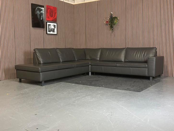 GRATIS LEVERING Hoekbank Leer Donkergrijs 295x305 GEREINIGD, Huis en Inrichting, Banken | Bankstellen, Zo goed als nieuw, Hoekbank