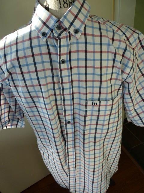 Fris wit blauw rood ruit overhemd Marco Manzini mt M, Blauw, Gedragen, Manzini, Halswijdte 39/40 (M)