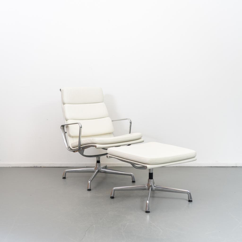 1x Vitra Eames Set EA 216 + 223 SoftPad Wit Leer - Gepolijst, Huis en Inrichting, Fauteuils, Niet ingevuld, Minder dan 75 cm, Niet ingevuld