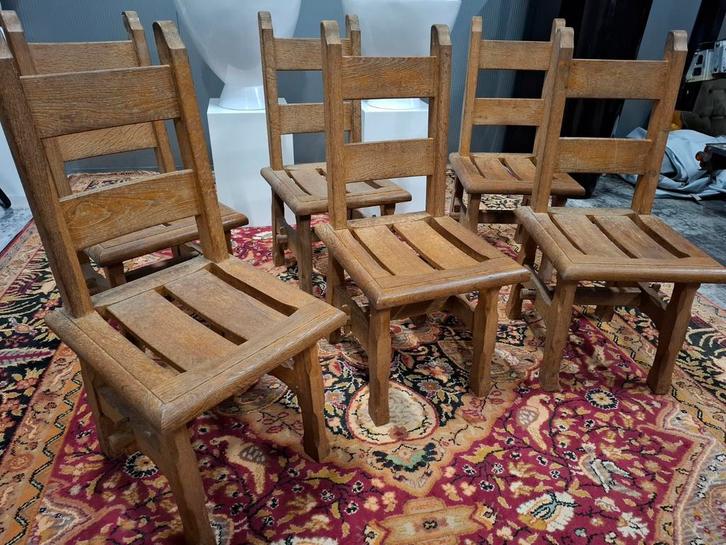 Vintage brutalist Eiken stoelen unieke 6 delige set! Zie oms, Huis en Inrichting, Stoelen, Gebruikt, Hout, Ophalen
