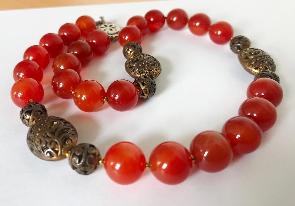 Prachtige ketting collier Carneool rode grote agaat kralen, Sieraden, Tassen en Uiterlijk, Kettingen, Verzenden, Zo goed als nieuw