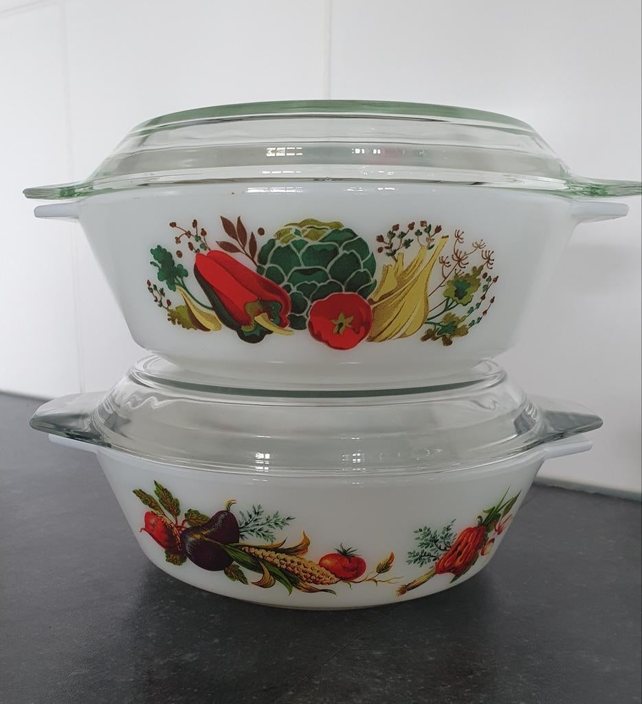 Vintage Pyrex ovenschalen met deksel Tuscany, Ophalen of Verzenden, Wit, Overige merken, Glas