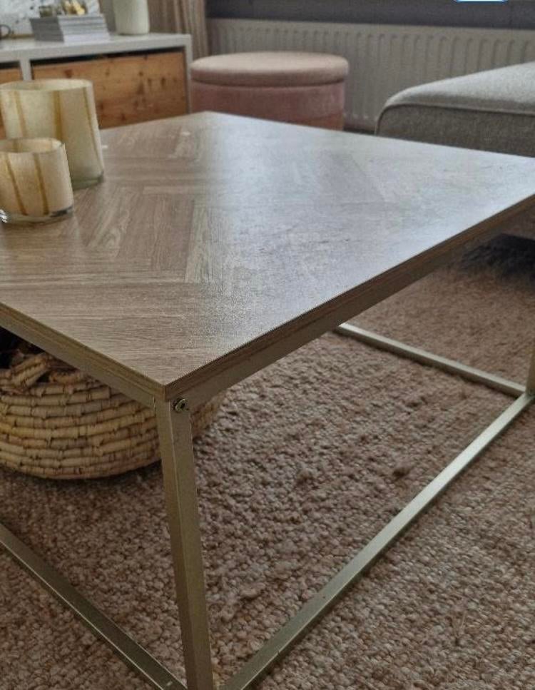 Salontafel met houtlook blad en metalen onderstel, Huis en Inrichting, Tafels | Salontafels, Gebruikt, Vierkant, Minder dan 50 cm