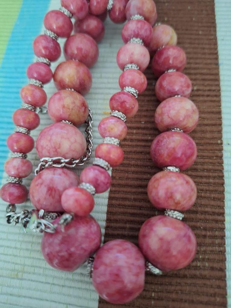 Ketting halssnoer rhodochrosiet, Sieraden, Tassen en Uiterlijk, Kettingen, Gebruikt, Verzenden, Steen of Mineraal, Roze