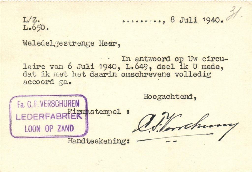 Fa. C.F. Verschuren, Loon op Zand - 07.1940 - briefkaart, Ophalen of Verzenden, Briefkaart
