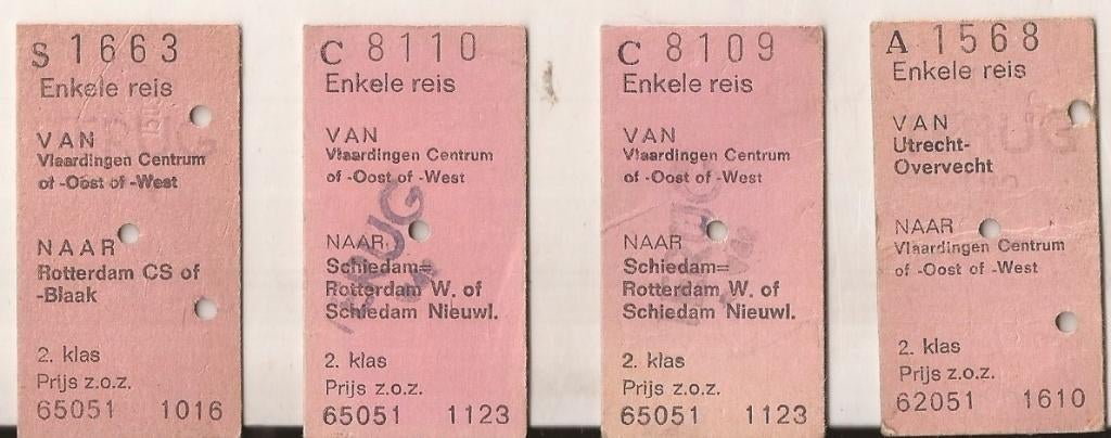 4 treinkaartjes 1978/1979 Vlaardingen Rotterdam Utrecht enke, Trein, Gebruikt, Overige typen, Ophalen of Verzenden