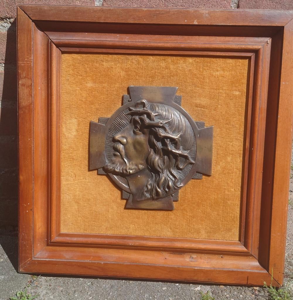 19de eeuw bronzen Art Nouveau plaat, Jezus op kruis, Art nouveau, Ophalen of Verzenden, Brons, Wanddecoratie