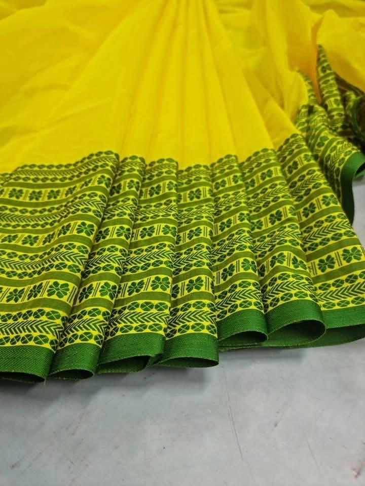 Katoenen Saree - Geel met Groen Patroon (6*1.5m), Ophalen of Verzenden, Nieuw, Geel, Onder de knie