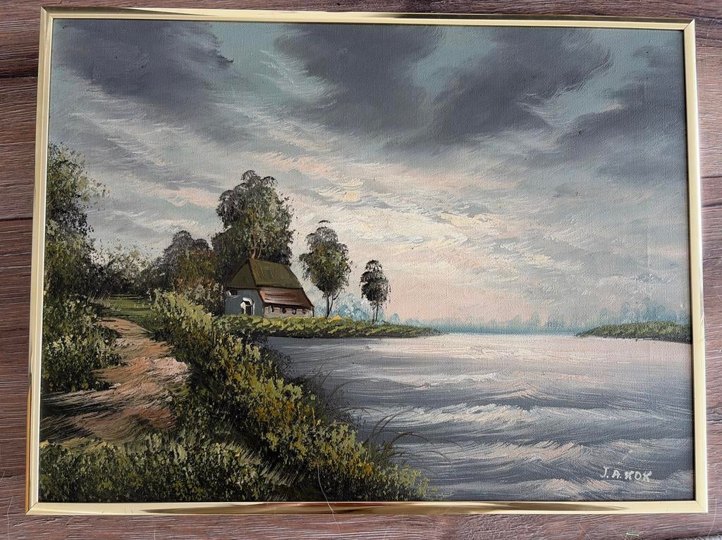 Vintage schilderij J. Kok, landschap met huisje, Antiek en Kunst, Kunst | Schilderijen | Klassiek, Ophalen of Verzenden