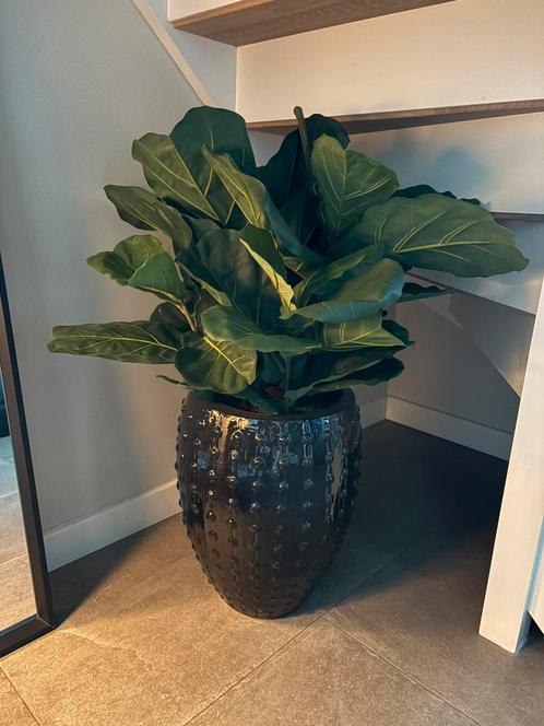Luxe zwarte pot - inclusief kunst tabaksplant, Tuin en Terras, Bloempotten, Zo goed als nieuw, 40 cm of meer, Rond, Ophalen