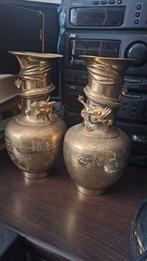 2 x vazen brons met draken gesigneerd exemplaren, Overige kleuren, Aardewerk of Porselein, Ophalen of Verzenden, Zo goed als nieuw