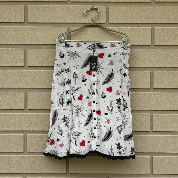 NWT Hell Bunny Rok Maat XL Wit Midi Avery Kant Tattoo, Kleding | Dames, Rokken, Nieuw, Maat 46/48 (XL) of groter, Wit, Onder de knie