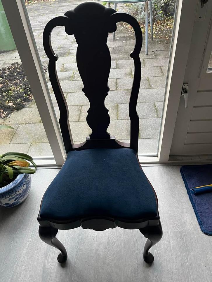 Antieke eetkamerstoelen, 6 stuks, blauwe zitting, Antiek en Kunst, Antiek | Meubels | Stoelen en Banken, Ophalen