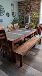 Blikvanger✨ eettafel set – massief teak + stoer stenen blad, Ophalen of Verzenden, Gebruikt, Teakhout