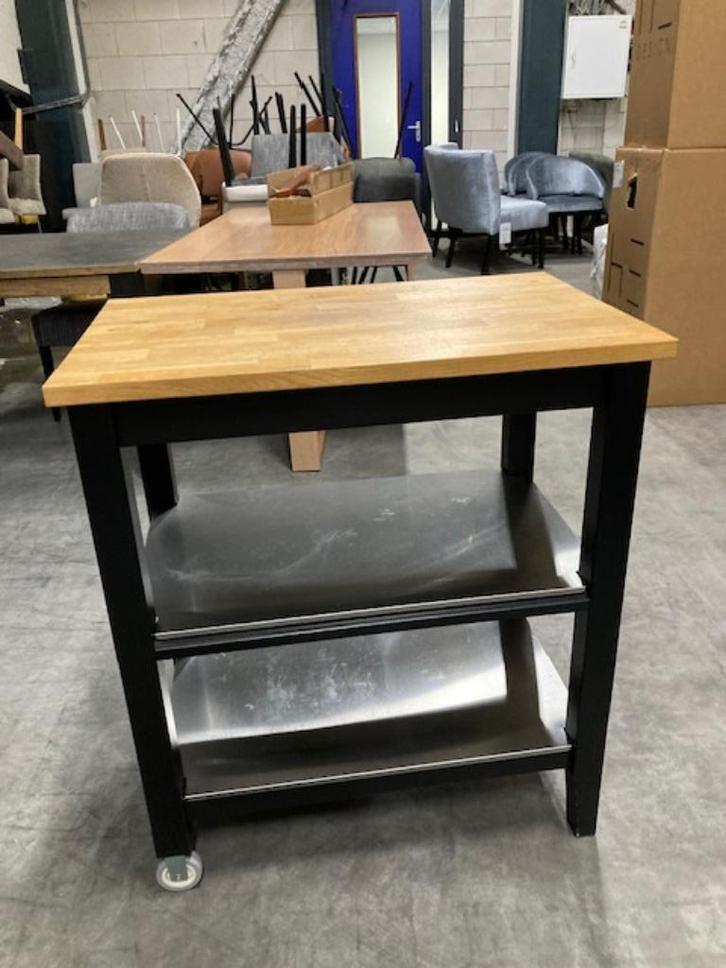 stoere werktafel keukeneiland op wieltjes hout en staal, Huis en Inrichting, Keuken | Keukenelementen, Zo goed als nieuw, Minder dan 100 cm