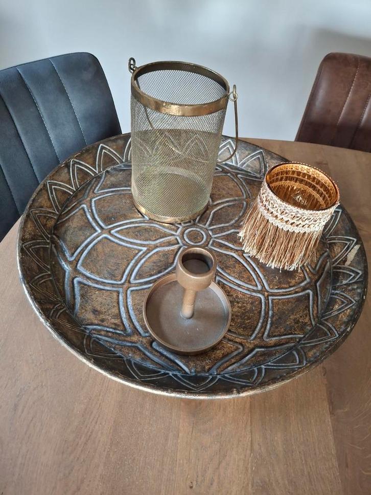 Bronskleurig dienblad/ met kaarsenstandaard, Huis en Inrichting, Woonaccessoires | Dienbladen, Zo goed als nieuw, Metaal, Rond
