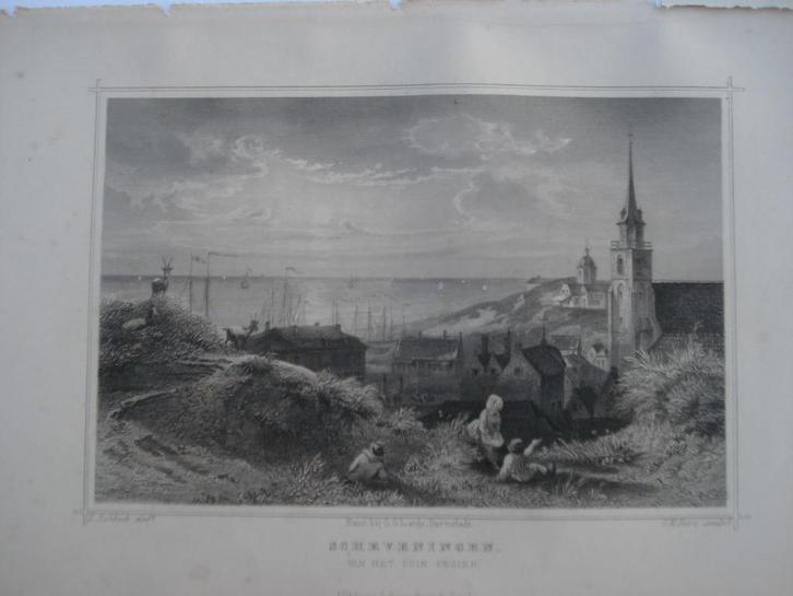 56 A Scheveningen vanaf het Duin gezien Staalgravure 1860, Antiek en Kunst, Kunst | Etsen en Gravures, Ophalen of Verzenden