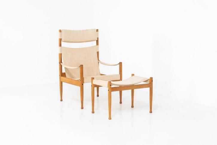 Eiken vintage safaristoel en -poef van Niels Eilersen, Antiek en Kunst, Antiek | Meubels | Stoelen en Banken, Ophalen of Verzenden