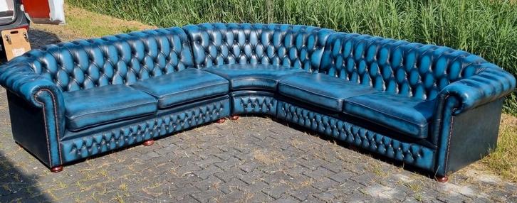 Engelse Chesterfield Springvale hoekbank blauw leer +BEZORGD, Huis en Inrichting, Banken | Complete zithoeken, Zo goed als nieuw