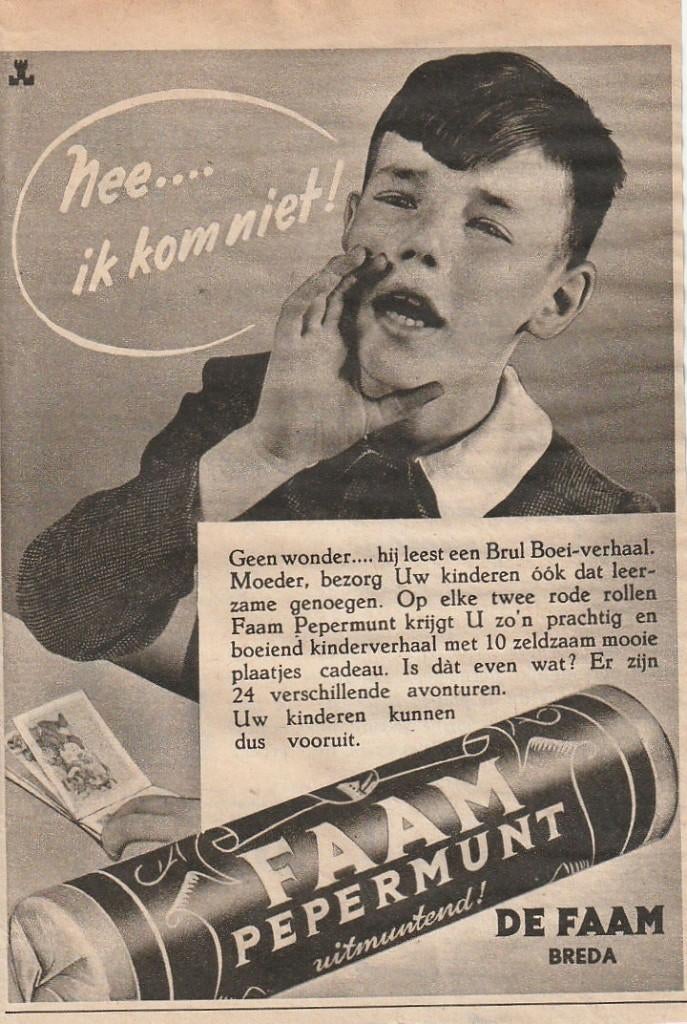 Retro reclame 1950 Faam pepermunt jongetje komt niet, Verzenden, Overige typen
