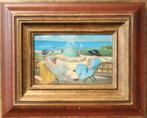 Olieverfpaneel met dames aan zee, Ophalen of Verzenden