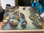 Olieverf Schilderij Drijvende Markt Thailand, Antiek en Kunst, Ophalen of Verzenden