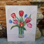 Franse vintage schilderwerk tulpen in vaas olieverf 41x33, Ophalen of Verzenden