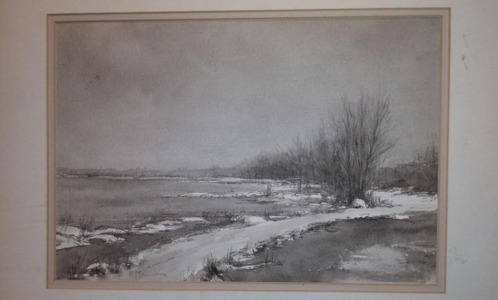 Sepia van Frans Manders"Winterlandschap", Antiek en Kunst, Kunst | Schilderijen | Klassiek, Ophalen