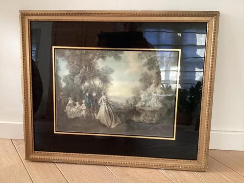 Klassieke prent in vergulde lijst - Parktafereel en fontein, Antiek en Kunst, Kunst | Schilderijen | Klassiek, Ophalen