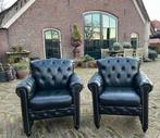2 Zwarte Chesterfield Fauteuils, per fauteuil, Huis en Inrichting, Fauteuils, Ophalen, Gebruikt, Leer, 75 tot 100 cm