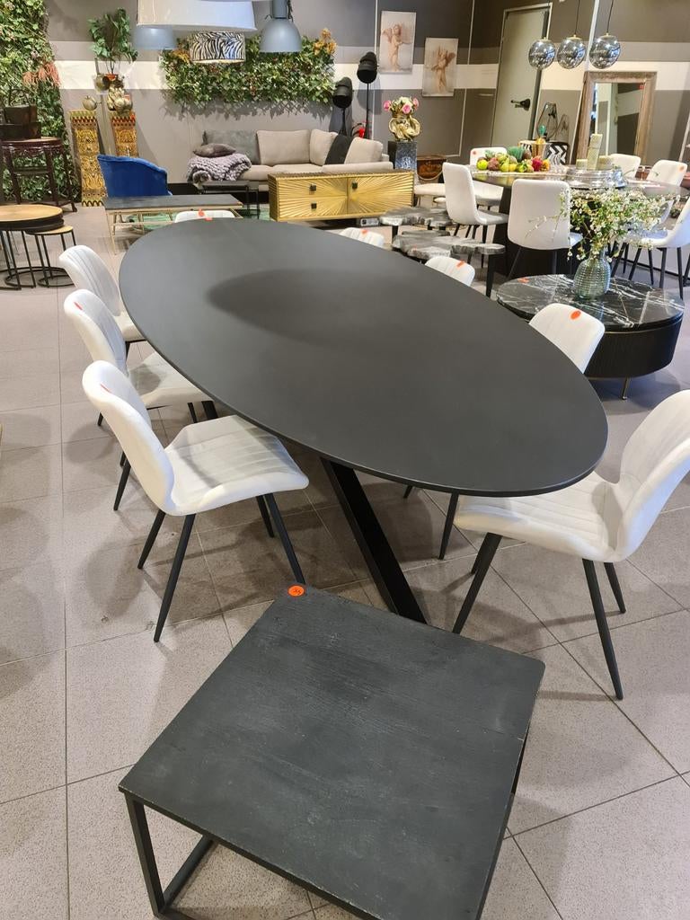 Nieuwe eettafel ovaal zwart 320x128cm acaciahout spinpoot, Ophalen, Industrieel landelijk barok brocante koloniaal boheems vintage