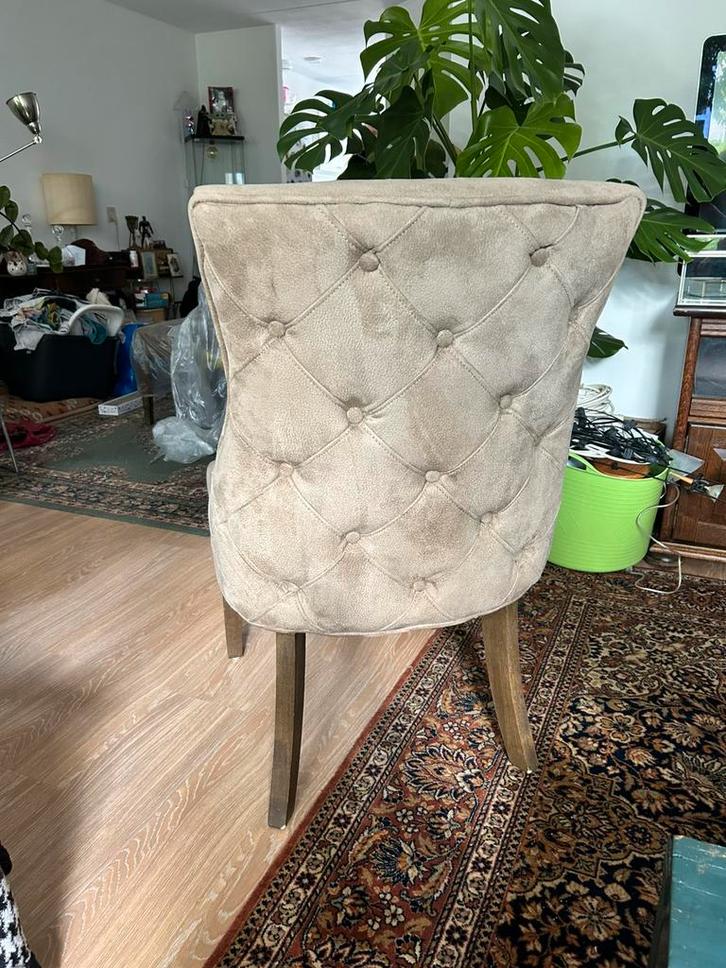 Luxe eetkamerstoelen merk Dubbelman Design, Huis en Inrichting, Stoelen, Zo goed als nieuw, Vier, Hout, Stof, Overige materialen