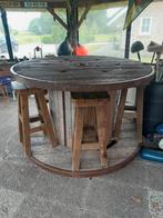Grote Industriële tafel inclusief barkrukken, Ophalen, Gebruikt, Rond, Hout