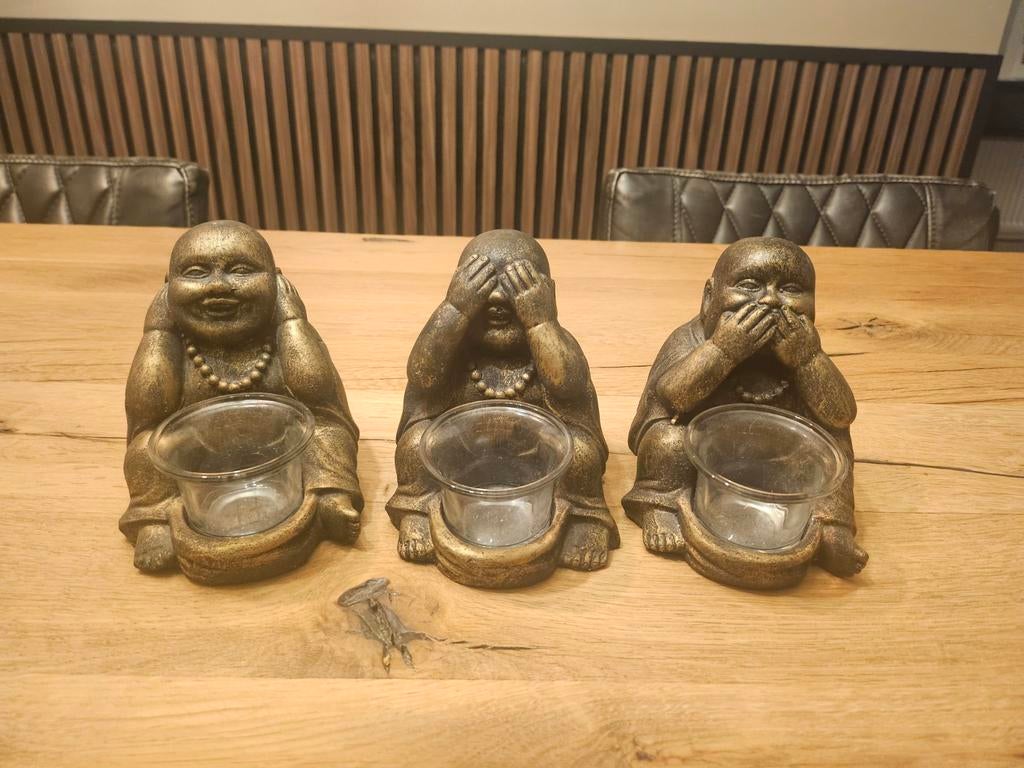 Buddha waxinelichthouders - Horen, Zien, Zwijgen - Goud, Overige materialen, Overige kleuren, Nieuw, Ophalen of Verzenden