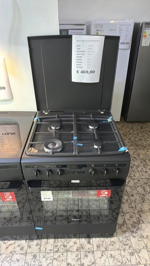 Zwart gasfornuis nieuw met wok em timer hete lucht oven, Witgoed en Apparatuur, Fornuizen, Nieuw, Vrijstaand, Gas, 4 kookzones