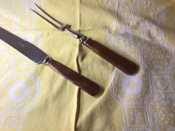 Vintage vleessnij couvert, hertshoorn look heft. Gero., Antiek en Kunst, Antiek | Bestek, Ophalen of Verzenden