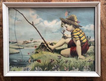Vintage Prent: Vissende Jongen strohoed beschikbaar voor biedingen